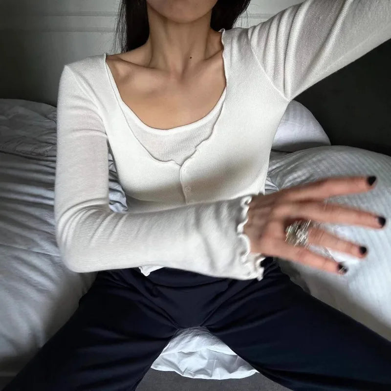 Saviig Spring Knit Sweater Solid Long Sleeve Slim Top Elegant Pullover