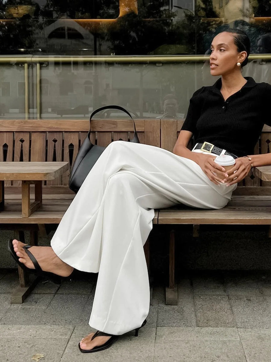 Saviig High Waist Wide Leg Pants | White Office Lady Loose Trousers