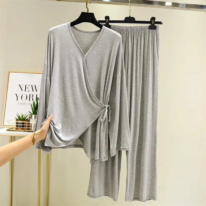 Saviig Spring/Autumn V-Neck Kimono Pajama Set - Casual Loose Fit Home Suit