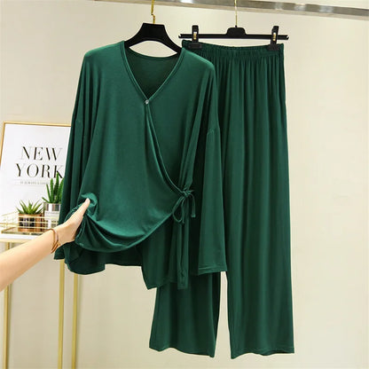Saviig Spring/Autumn V-Neck Kimono Pajama Set - Casual Loose Fit Home Suit