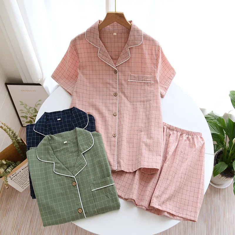 Saviig Plaid Pajama Set: Men's Short-Sleeved Shorts & Women's Cotton Home Sleepwear