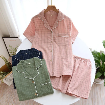 Saviig Plaid Pajama Set: Men's Short-Sleeved Shorts & Women's Cotton Home Sleepwear