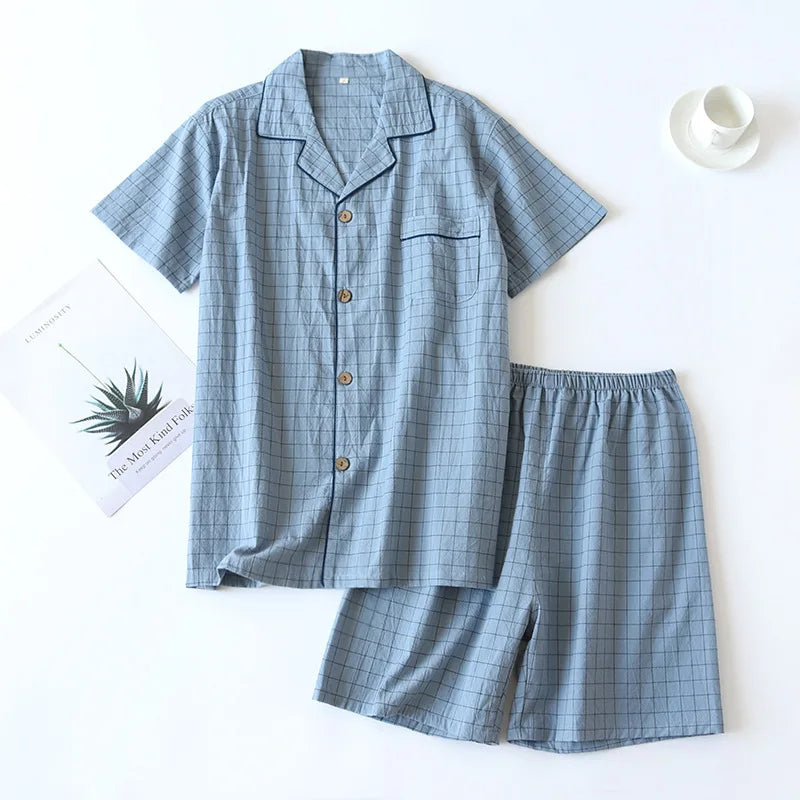 Saviig Plaid Pajama Set: Men's Short-Sleeved Shorts & Women's Cotton Home Sleepwear