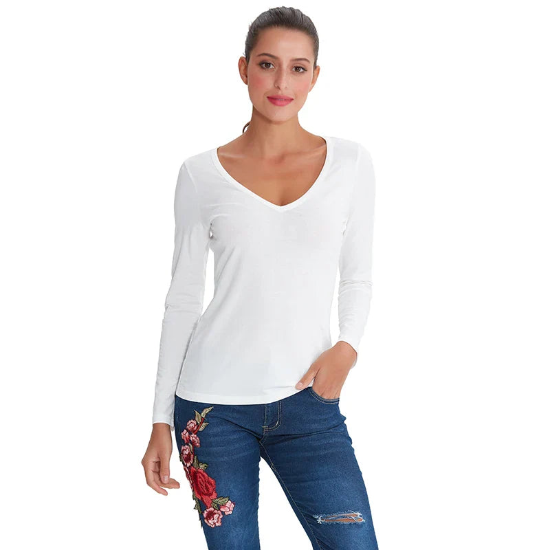 Saviig Cotton V-Neck Women's Long Sleeve Tee Casual Top