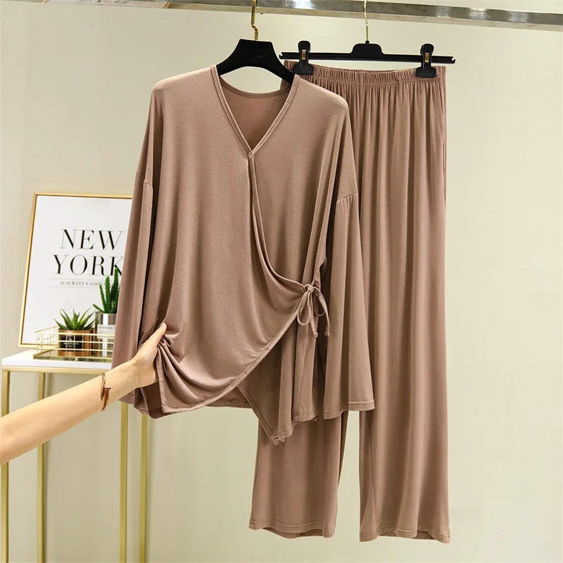 Saviig Spring/Autumn V-Neck Kimono Pajama Set - Casual Loose Fit Home Suit