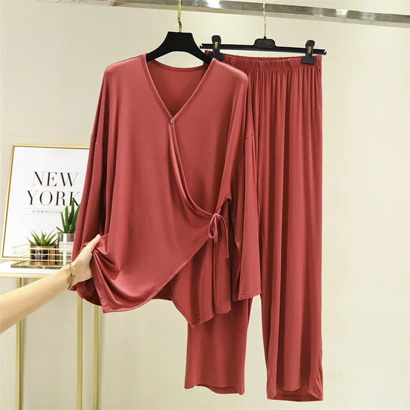 Saviig Spring/Autumn V-Neck Kimono Pajama Set - Casual Loose Fit Home Suit