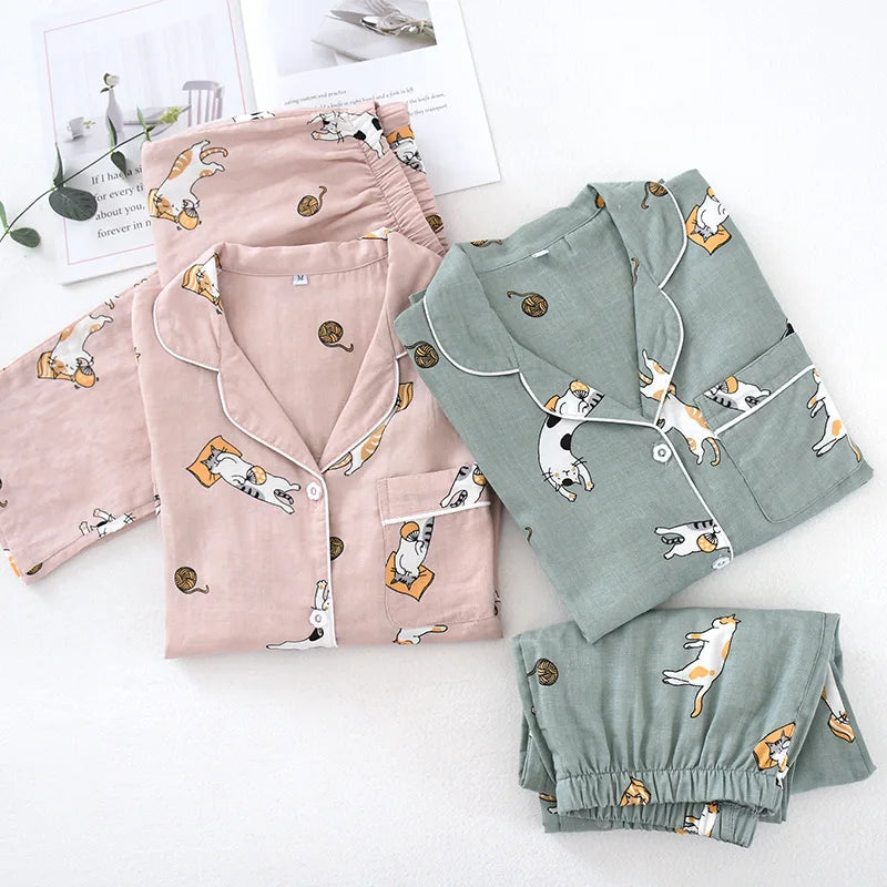 Saviig Cotton Gauze Pajama Set for Couples, All Seasons Comfort
