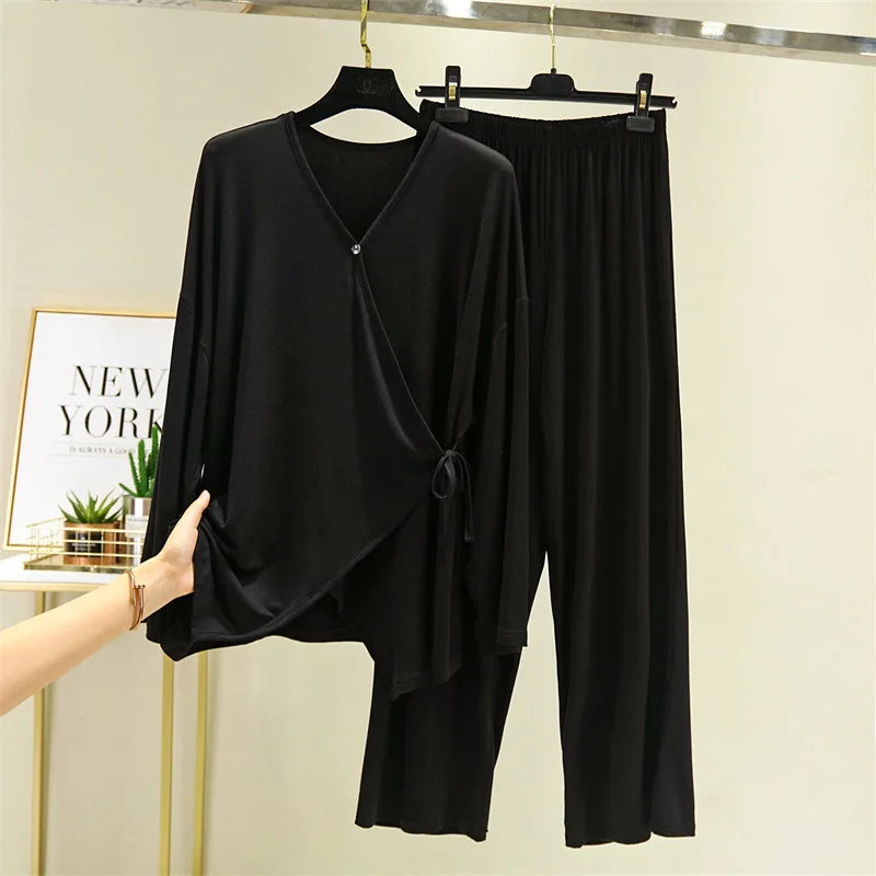 Saviig Spring/Autumn V-Neck Kimono Pajama Set - Casual Loose Fit Home Suit