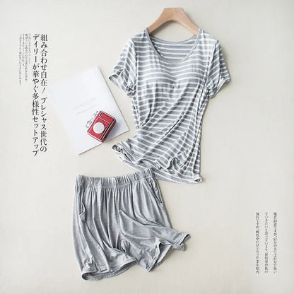 Saviig Striped Modal Lady Pajama Set with Bra Pad, Loose Fit, Large Size
