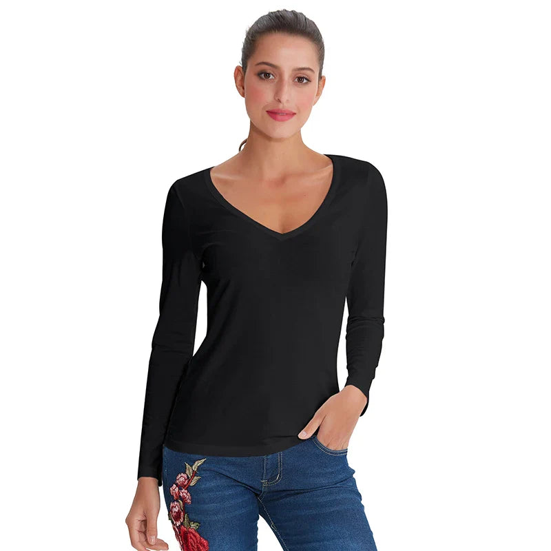 Saviig Cotton V-Neck Women's Long Sleeve Tee Casual Top