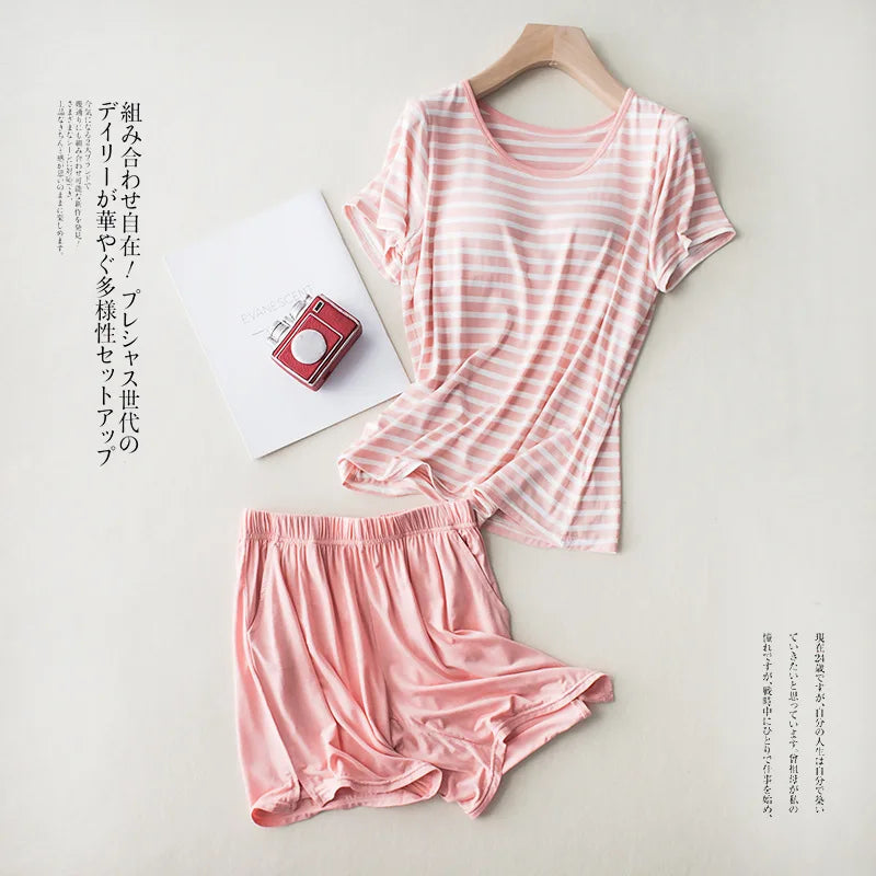 Saviig Striped Modal Lady Pajama Set with Bra Pad, Loose Fit, Large Size