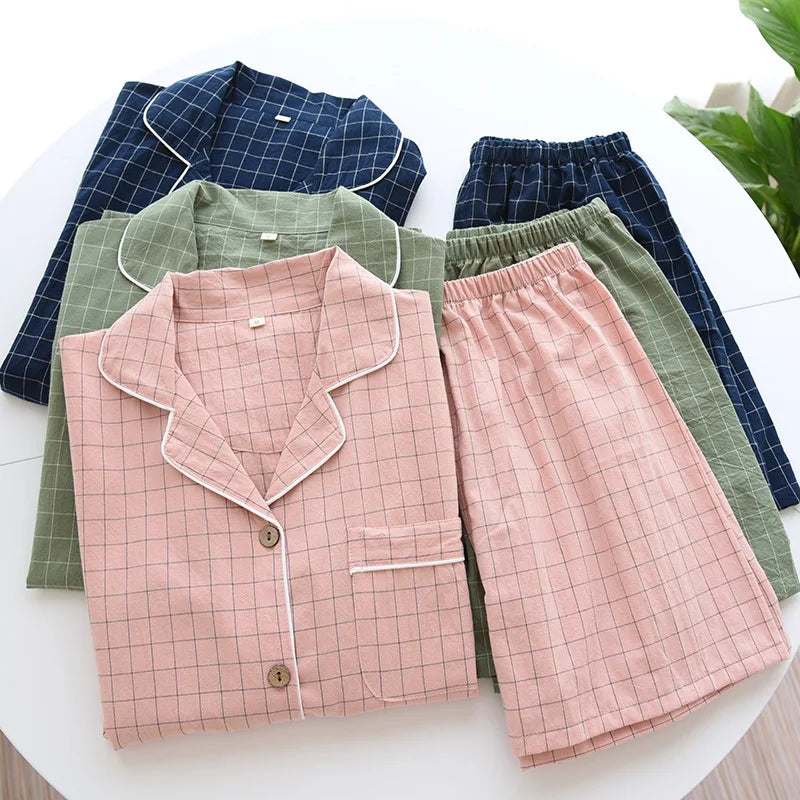 Saviig Plaid Pajama Set: Men's Short-Sleeved Shorts & Women's Cotton Home Sleepwear
