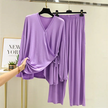 Saviig Spring/Autumn V-Neck Kimono Pajama Set - Casual Loose Fit Home Suit