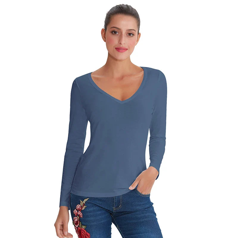 Saviig Cotton V-Neck Women's Long Sleeve Tee Casual Top