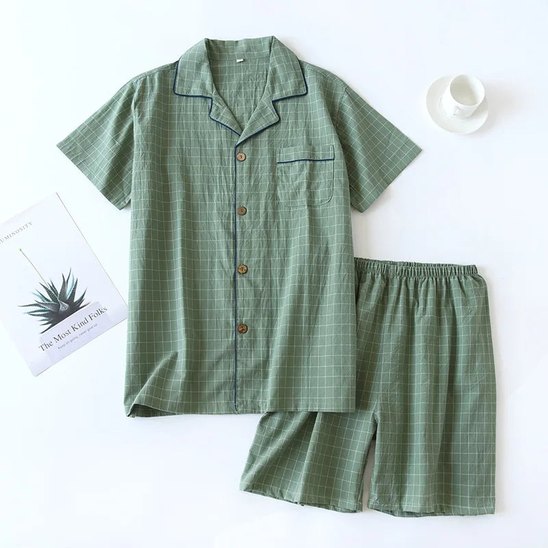 Saviig Plaid Pajama Set: Men's Short-Sleeved Shorts & Women's Cotton Home Sleepwear