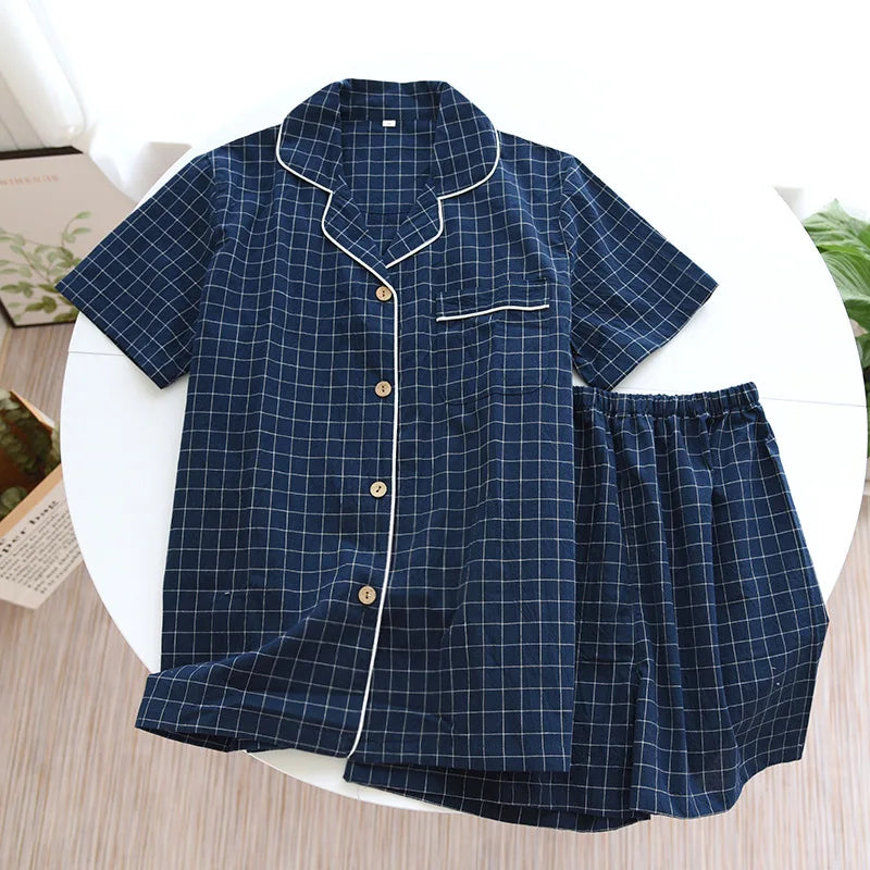 Saviig Plaid Pajama Set: Men's Short-Sleeved Shorts & Women's Cotton Home Sleepwear