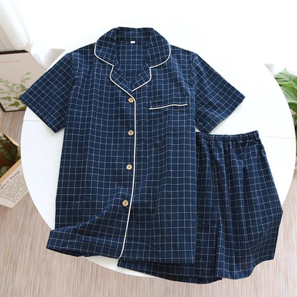 Saviig Plaid Pajama Set: Men's Short-Sleeved Shorts & Women's Cotton Home Sleepwear