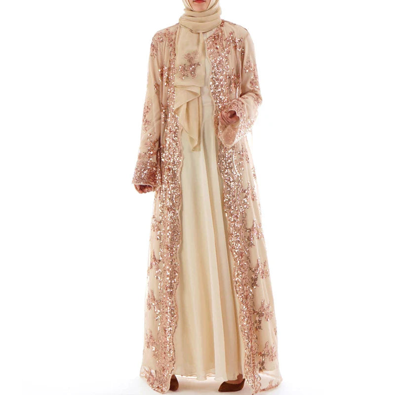 Saviig Sequined Lace Mesh Kimono Abaya for Women, Elegant Muslim Hijab Dress