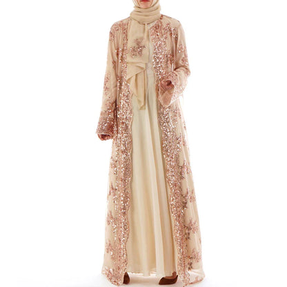 Saviig Sequined Lace Mesh Kimono Abaya for Women, Elegant Muslim Hijab Dress
