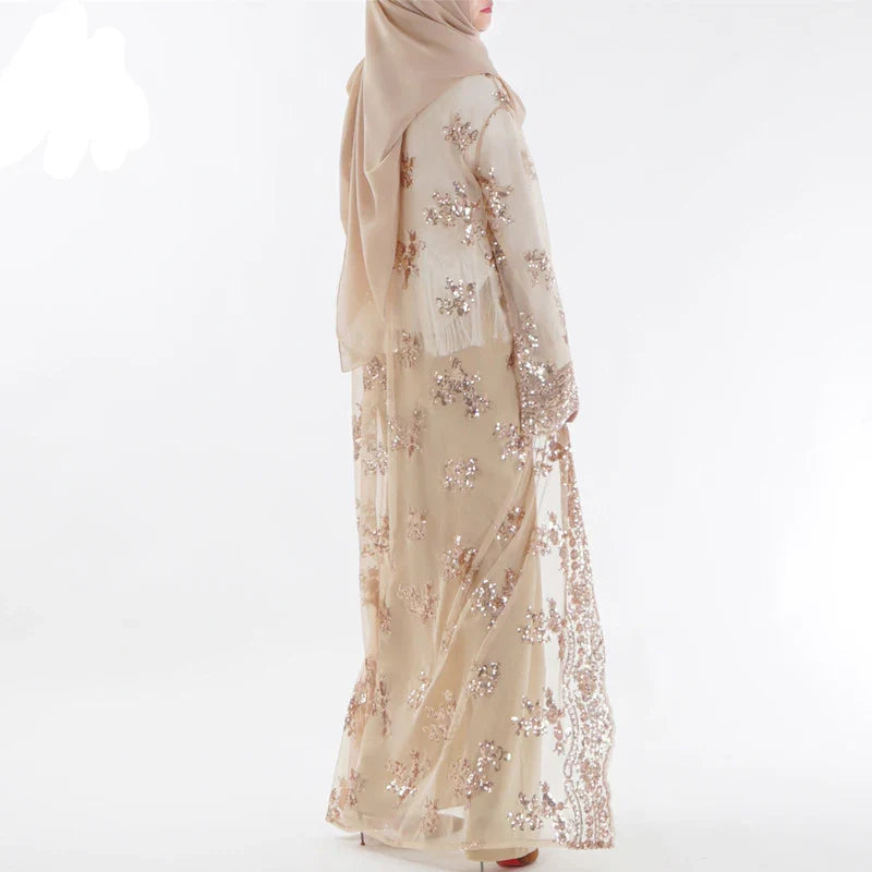 Saviig Sequined Lace Mesh Kimono Abaya for Women, Elegant Muslim Hijab Dress