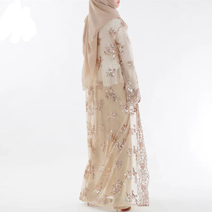Saviig Sequined Lace Mesh Kimono Abaya for Women, Elegant Muslim Hijab Dress