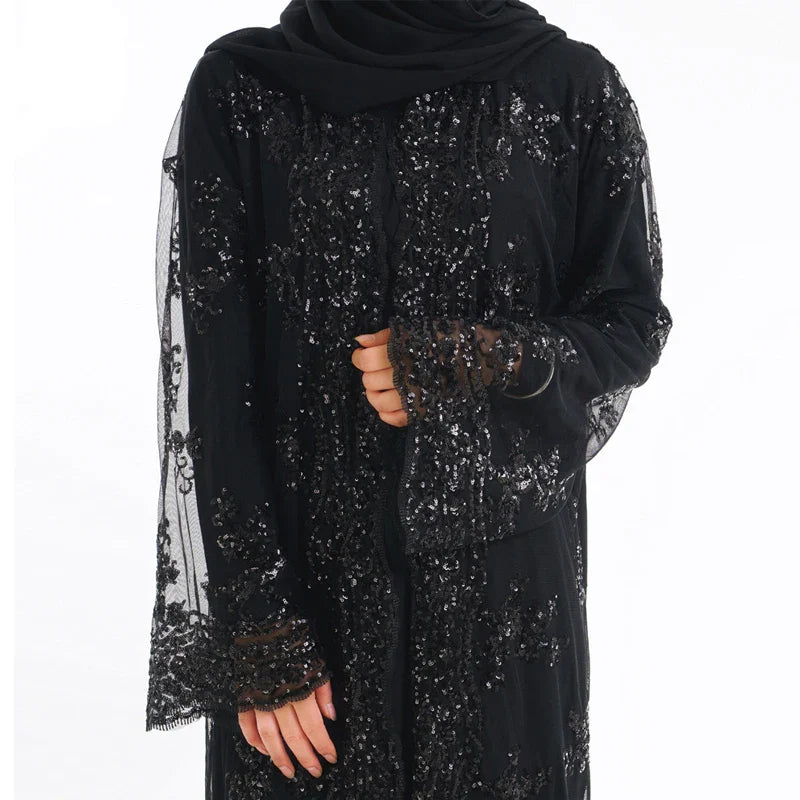 Saviig Sequined Lace Mesh Kimono Abaya for Women, Elegant Muslim Hijab Dress