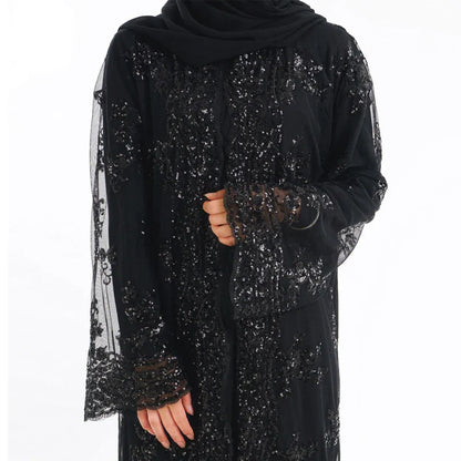 Saviig Sequined Lace Mesh Kimono Abaya for Women, Elegant Muslim Hijab Dress