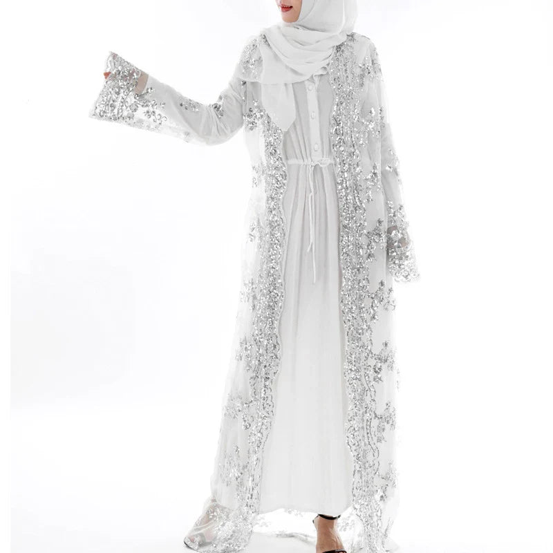 Saviig Sequined Lace Mesh Kimono Abaya for Women, Elegant Muslim Hijab Dress
