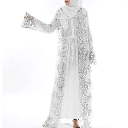 Saviig Sequined Lace Mesh Kimono Abaya for Women, Elegant Muslim Hijab Dress