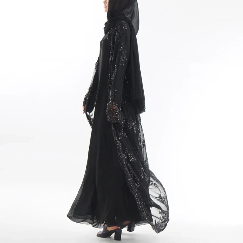 Saviig Sequined Lace Mesh Kimono Abaya for Women, Elegant Muslim Hijab Dress