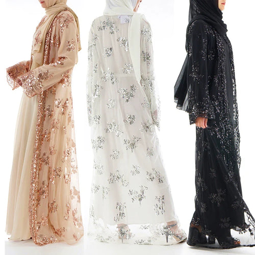 Saviig Sequined Lace Mesh Kimono Abaya for Women, Elegant Muslim Hijab Dress