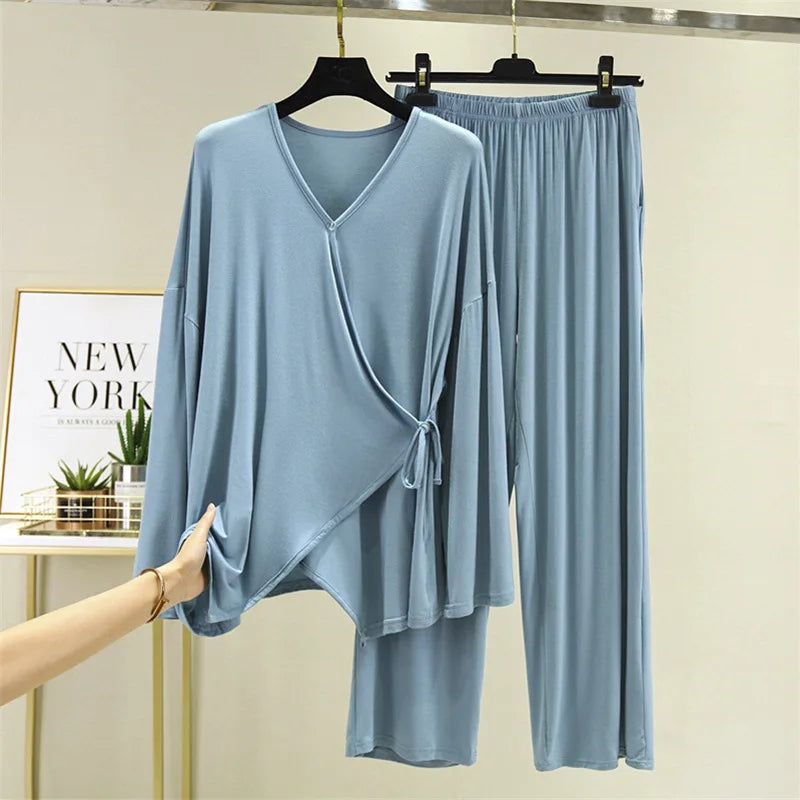 Saviig Spring/Autumn V-Neck Kimono Pajama Set - Casual Loose Fit Home Suit