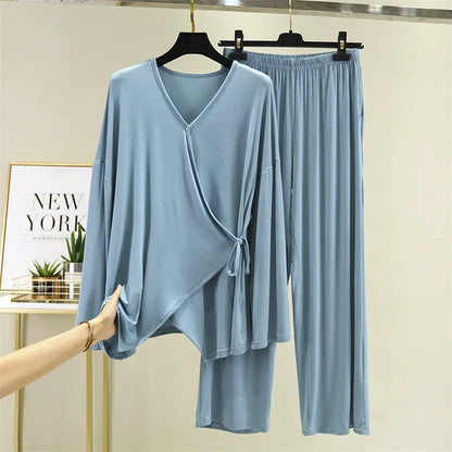 Saviig Spring/Autumn V-Neck Kimono Pajama Set - Casual Loose Fit Home Suit