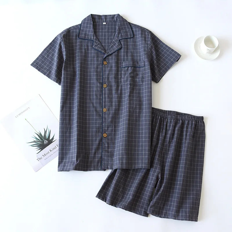 Saviig Plaid Pajama Set: Men's Short-Sleeved Shorts & Women's Cotton Home Sleepwear