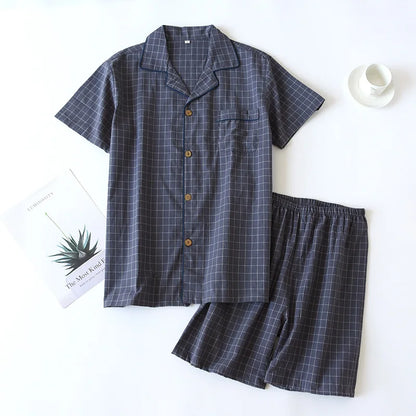 Saviig Plaid Pajama Set: Men's Short-Sleeved Shorts & Women's Cotton Home Sleepwear
