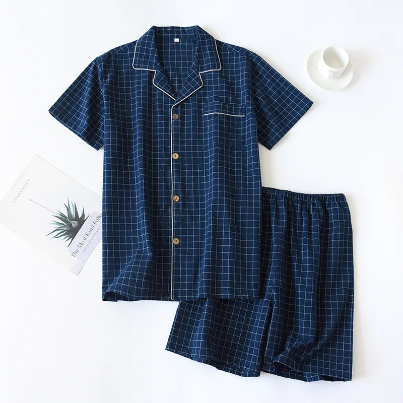 Saviig Plaid Pajama Set: Men's Short-Sleeved Shorts & Women's Cotton Home Sleepwear