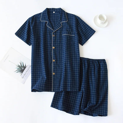 Saviig Plaid Pajama Set: Men's Short-Sleeved Shorts & Women's Cotton Home Sleepwear