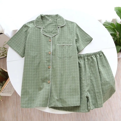 Saviig Plaid Pajama Set: Men's Short-Sleeved Shorts & Women's Cotton Home Sleepwear