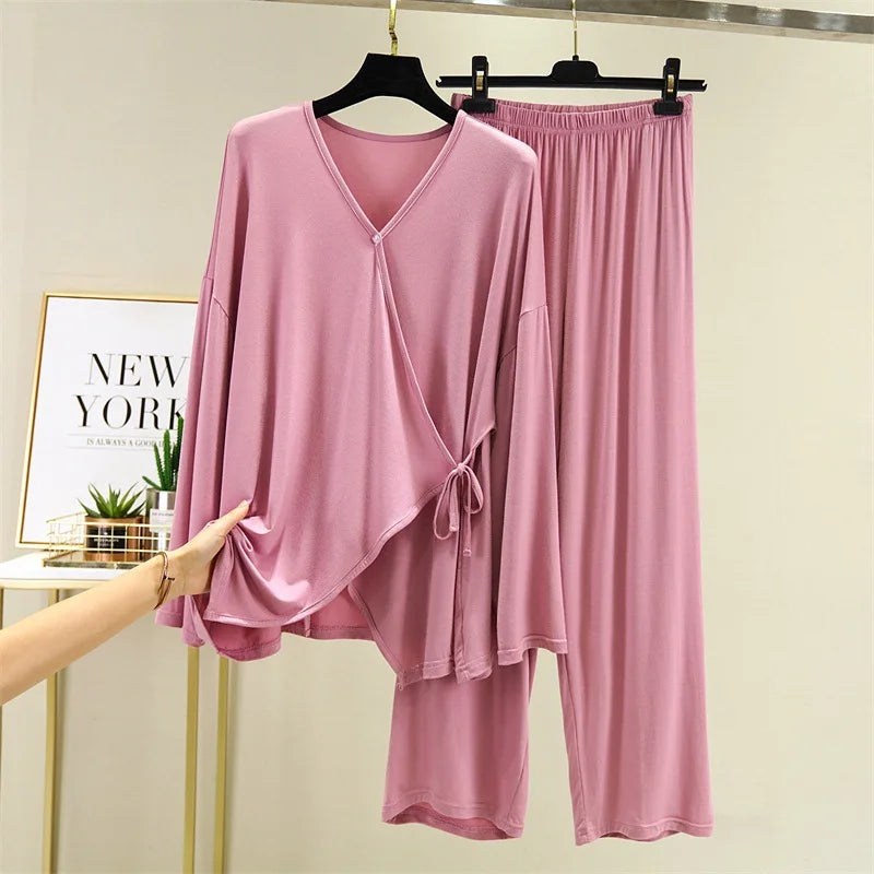 Saviig Spring/Autumn V-Neck Kimono Pajama Set - Casual Loose Fit Home Suit
