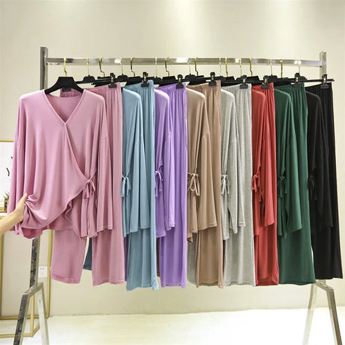 Saviig Spring/Autumn V-Neck Kimono Pajama Set - Casual Loose Fit Home Suit