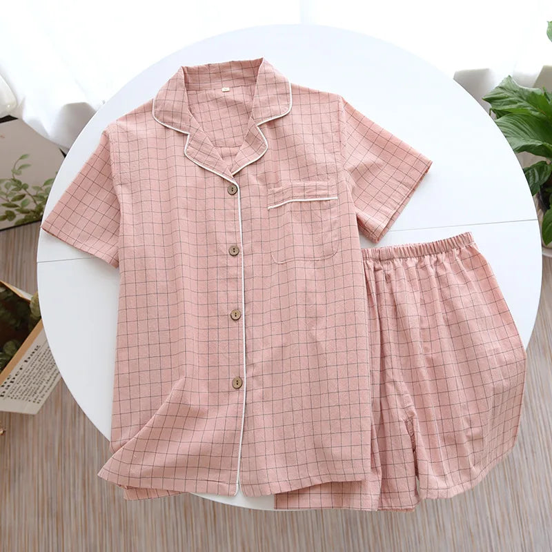 Saviig Plaid Pajama Set: Men's Short-Sleeved Shorts & Women's Cotton Home Sleepwear