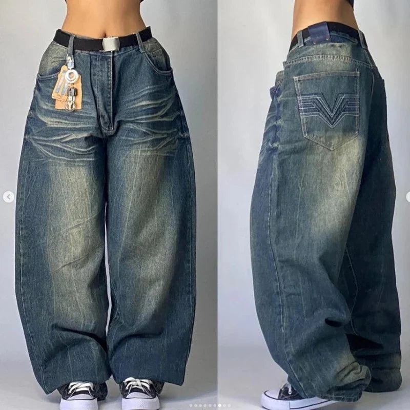 Saviig Retro High Waist Y2K Wide Leg Jeans in Washed Blue