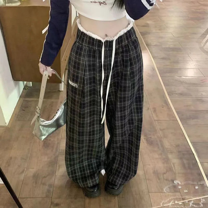 Saviig Retro Plaid Patchwork Pants: Wide Leg Elastic Waist Check Trousers for Women