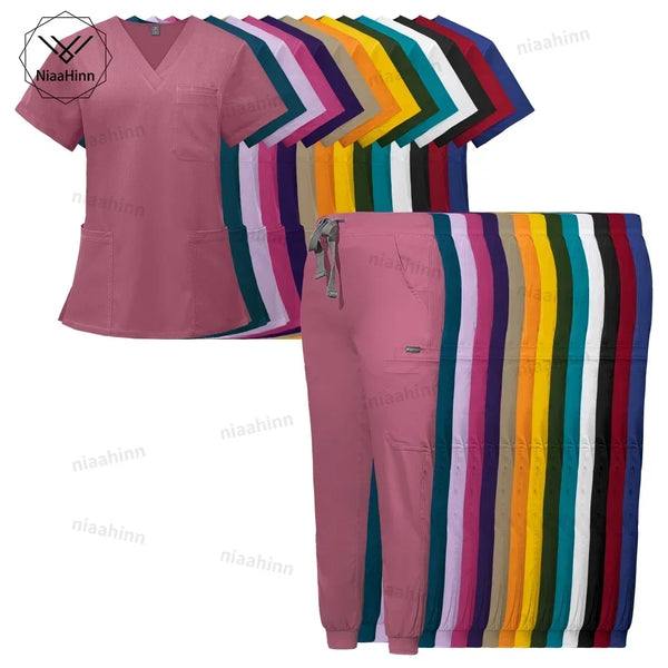 Saviig Men's V-Neck Short Sleeve Scrub Uniform Set for Healthcare Work