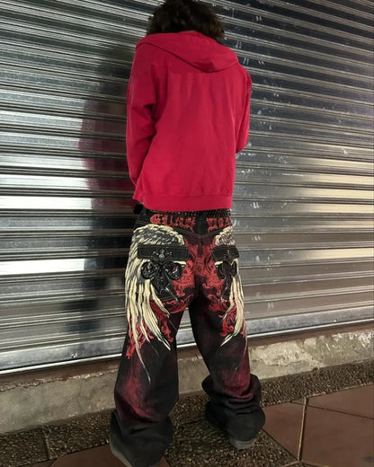 Saviig Harajuku Fashion Letter Embroidery Oversized Baggy Jeans Men Retro Gothic Trousers