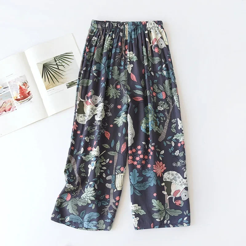 Saviig Summer Viscose Wide Leg Pajama Cropped Pants Plus Size
