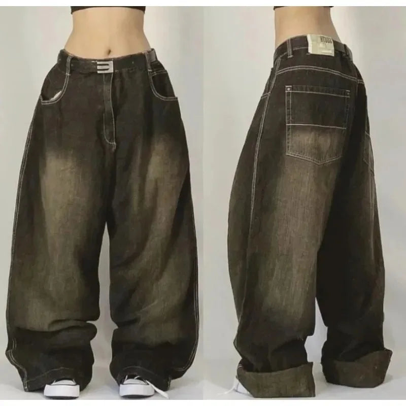 Saviig Black Letter Print Baggy Jeans: High Waist Gothic Wide Leg Trousers