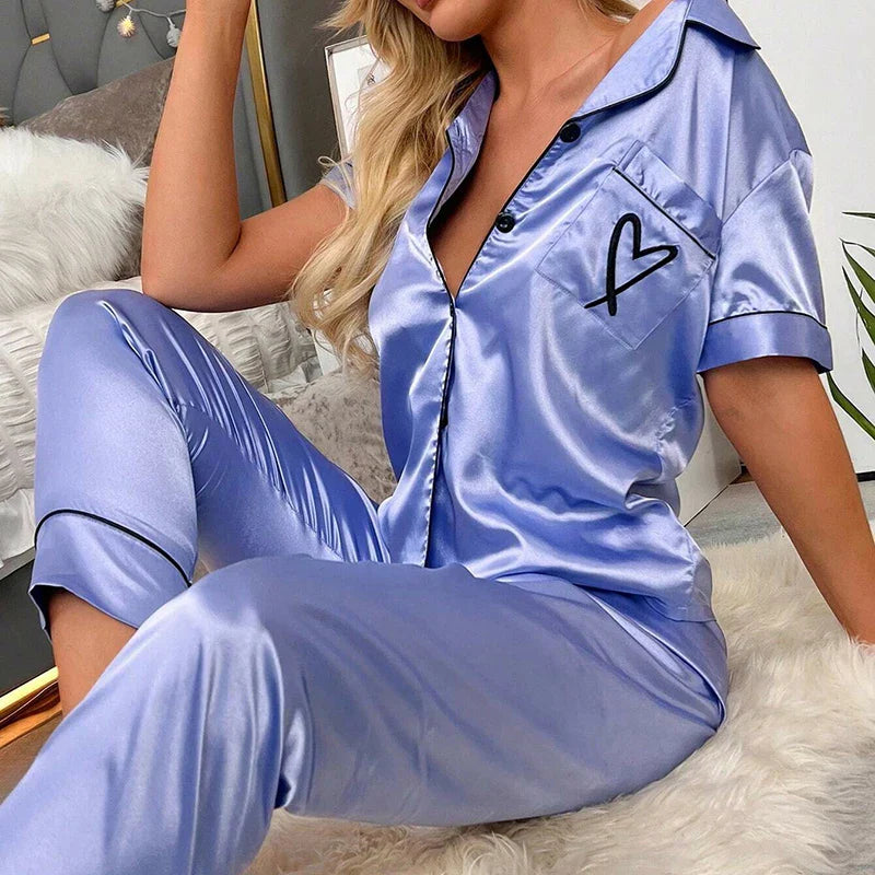 Saviig Heart Embroidered Pajama Set: Satin Button-Down Top & Shorts for Women