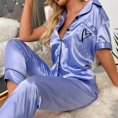 Saviig Heart Embroidered Pajama Set: Satin Button-Down Top & Shorts for Women