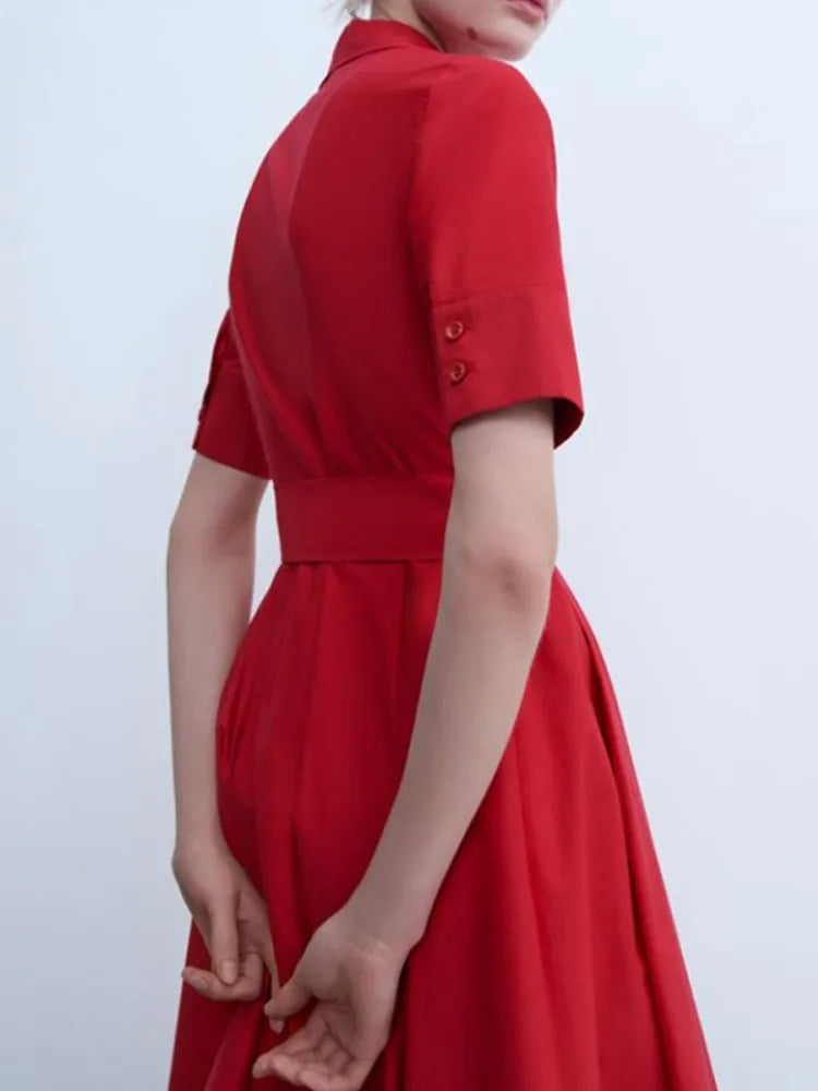 Saviig Retro Double Pocket A-line Dress, Half Sleeve, Lapel, Pleated, Daily Street Style